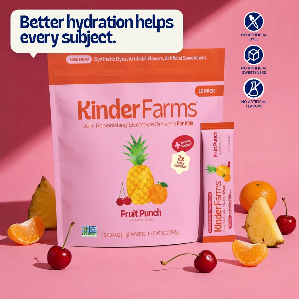 KinderFarms Fruit Punch Electrolyte Powder with the headline “Better hydration helps every subject.” and icons for no artificial dyes, sweeteners, or flavors