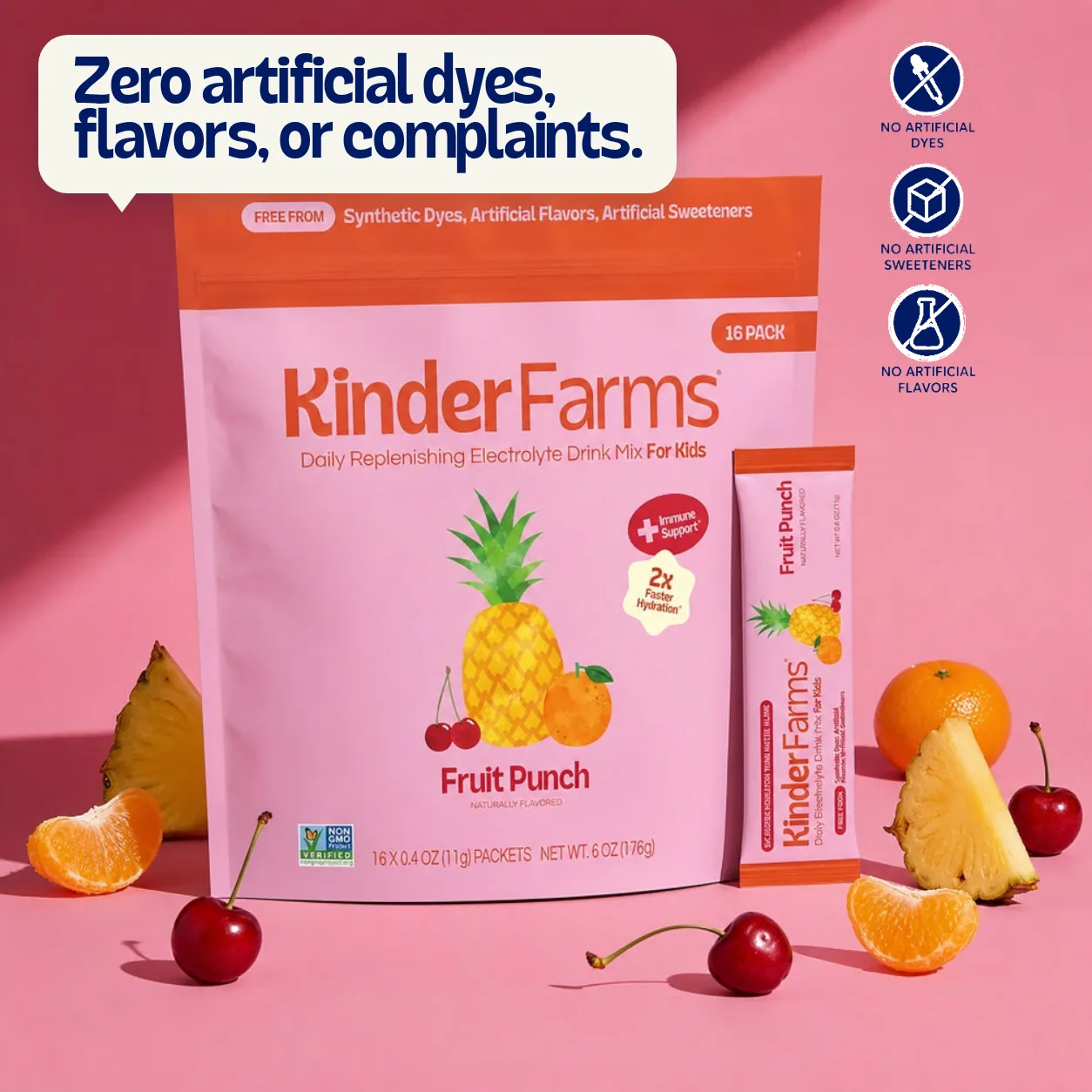 KinderFarms Fruit Punch Electrolyte Powder with the headline “Zero artificial dyes, flavors, or complaints.” and icons for no artificial dyes, sweeteners, or flavors
